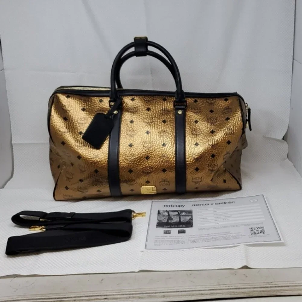 MCM Metallic Gold Weekend Duffle Duffel Coated Travel Bag Handbag